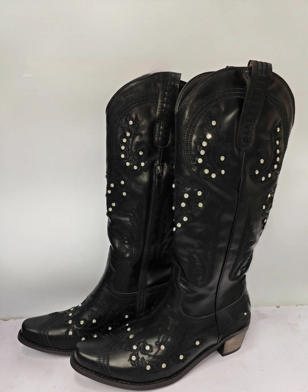 Embroidered rhinestone high-top boots with side zipper and mid heel in beige