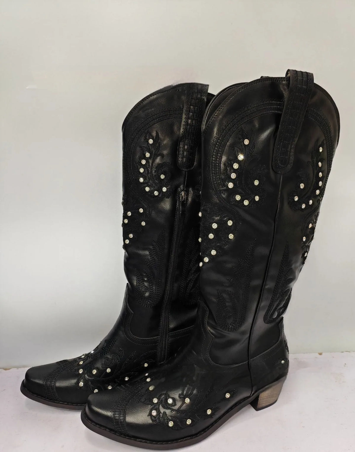 Embroidered rhinestone high-top boots with side zipper and mid heel in beige