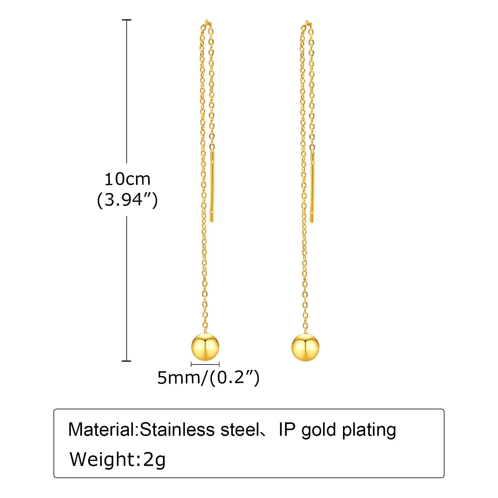 Gold-toned alloy drop earrings with round bead design on white background