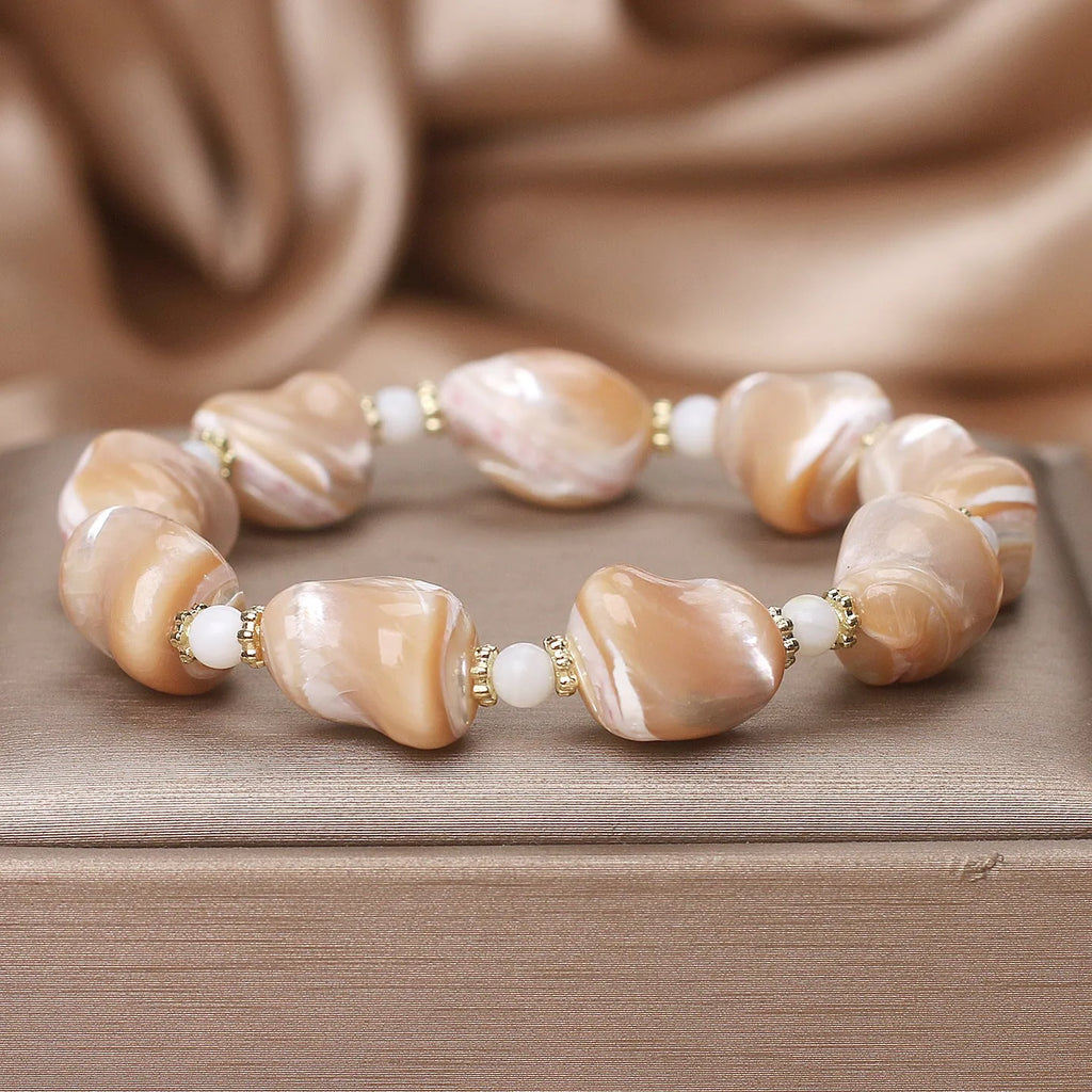 Women's natural freshwater special-shaped gold silk shell bracelet with agate beads in ethnic style