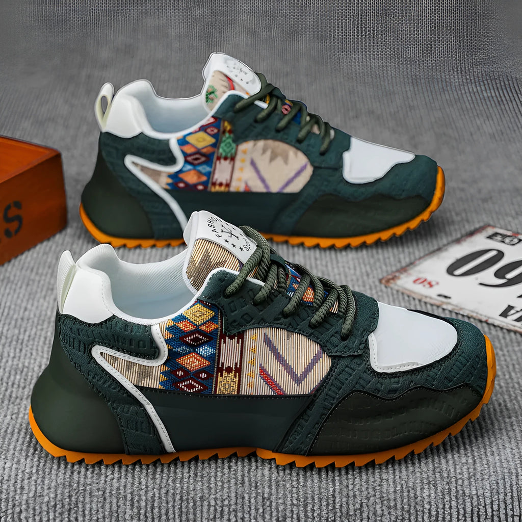 Men's casual lightweight sneakers in Upgrade Green with striped pattern and round toe