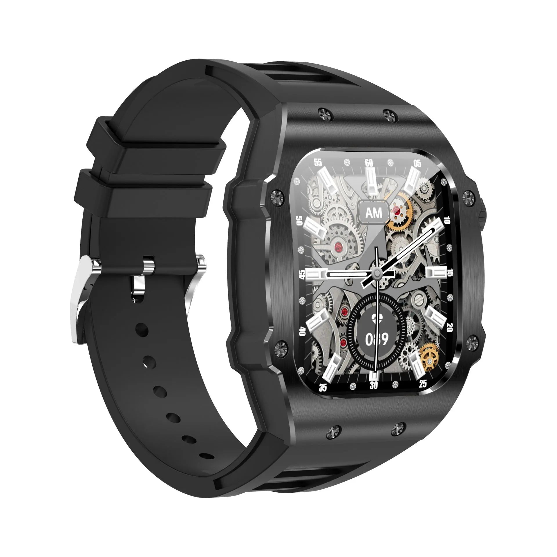 Men's smart watch with 1.91-inch IPS screen, waterproof, all-day health monitoring, white frame black strap, sitting on a table