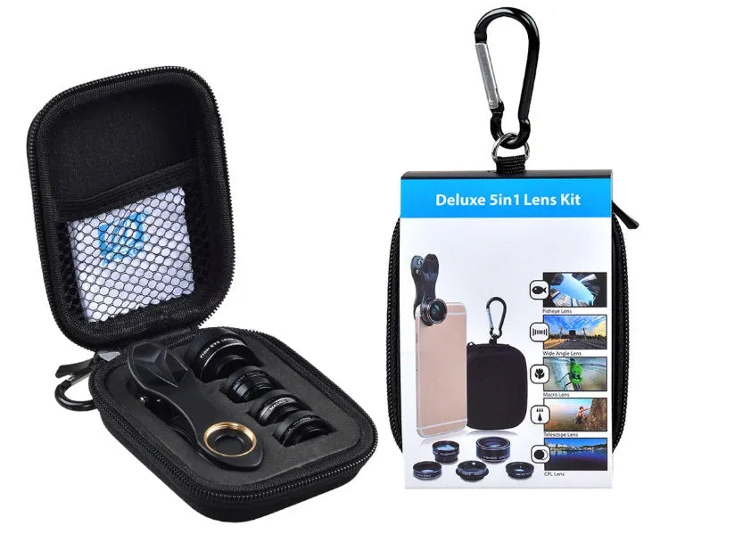 Universal 5-in-1 smartphone lens kit with fisheye, wide angle, macro, telephoto and CPL lenses