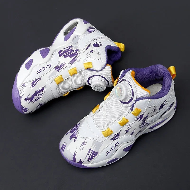 Children's rotating button basketball shoes in synthetic leather with waterproof feature
