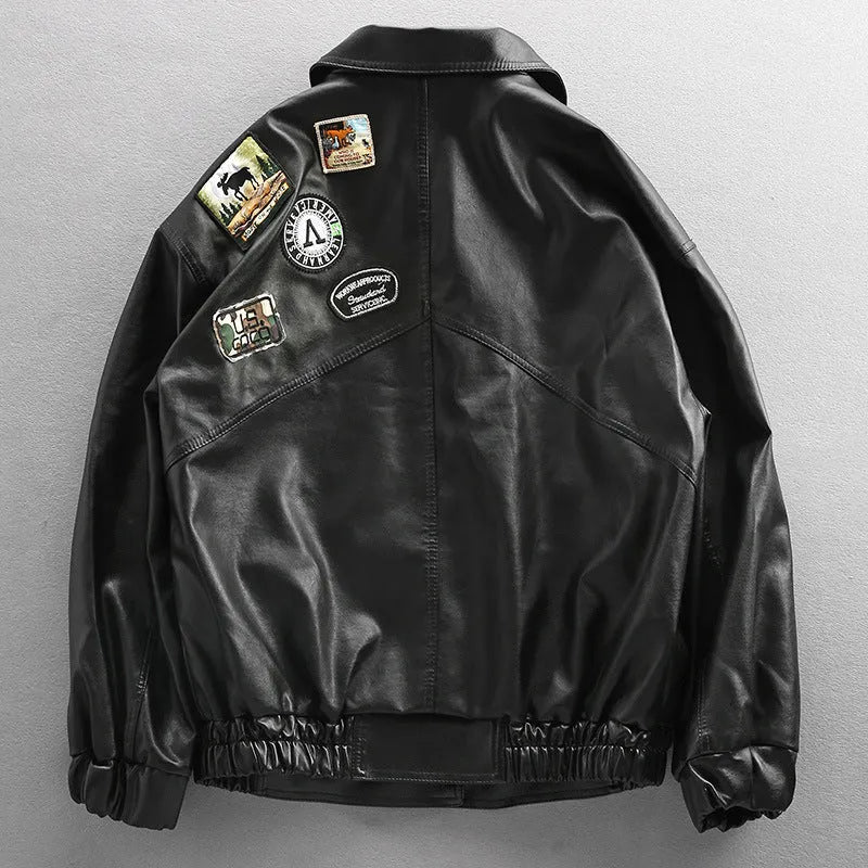 Men's black PU leather biker jacket with loose fit and zip front, available in sizes M to XXL