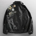 Men's black PU leather biker jacket with loose fit and zip front, available in sizes M to XXL