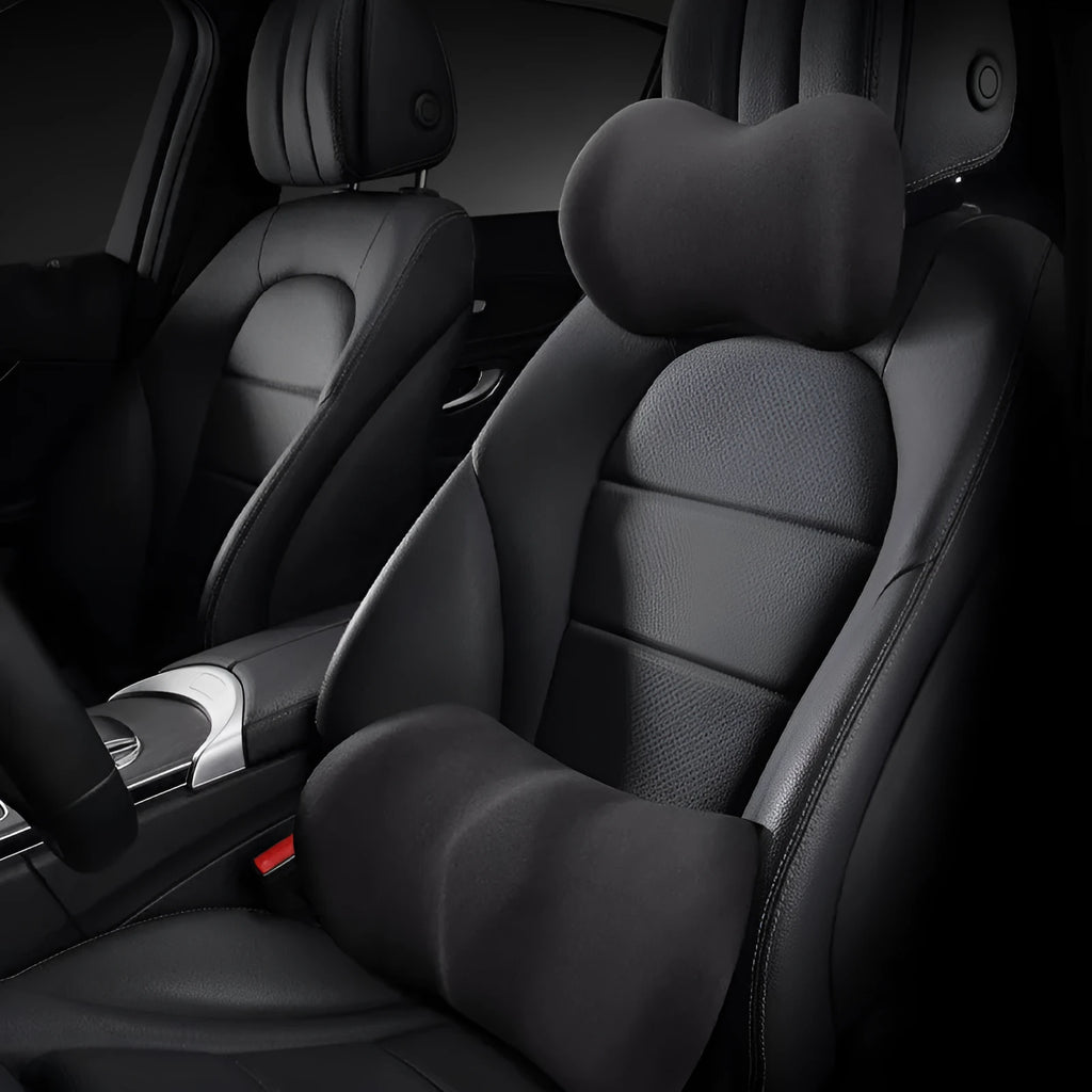 Car headrest pillow and lumbar support cushion set in multiple colour options