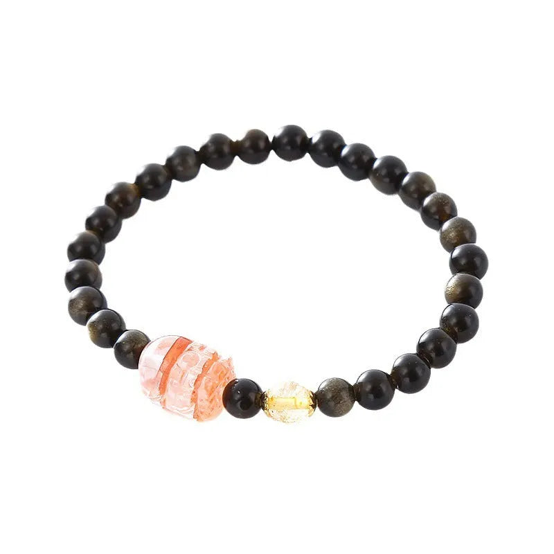 Natural obsidian Pi Xiu bracelet with gold obsidian stone and red flower design