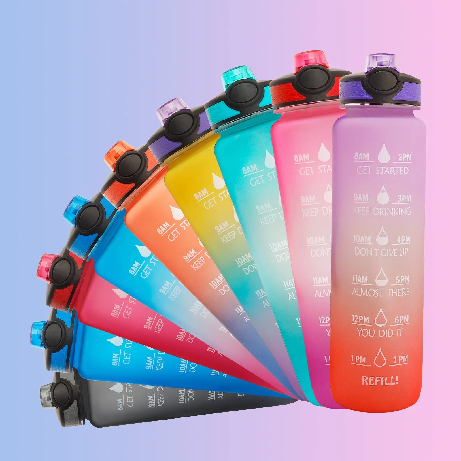 1 litre Tritan water bottle with time markers and gradient colour design