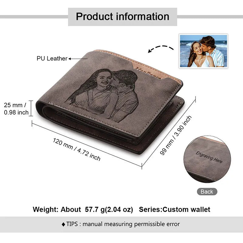 Engraved horizontal short wallet in coffee PU leather with custom photo engraving.