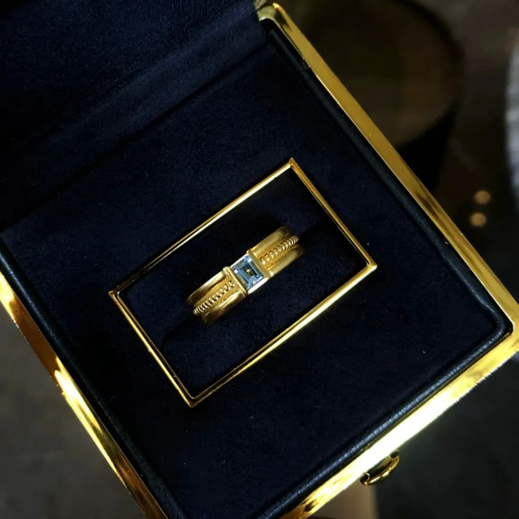 Square sapphire ring with inlaid gem in frosted gold finish copper band, wide version, size 6 to 8