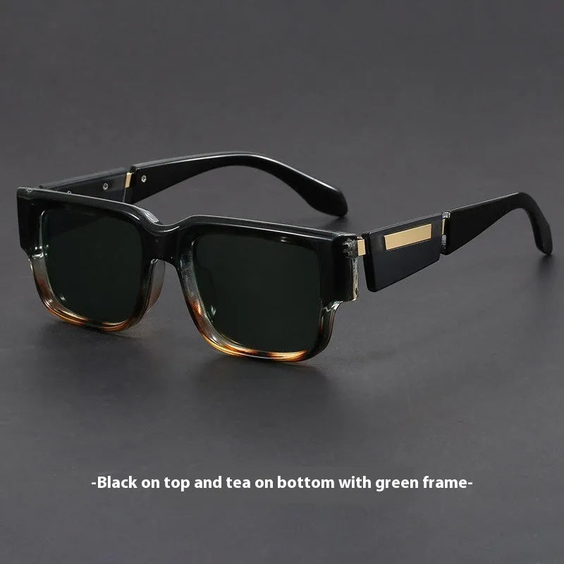 Blue frame sunglasses with grey blue lenses in retro square thick frame design
