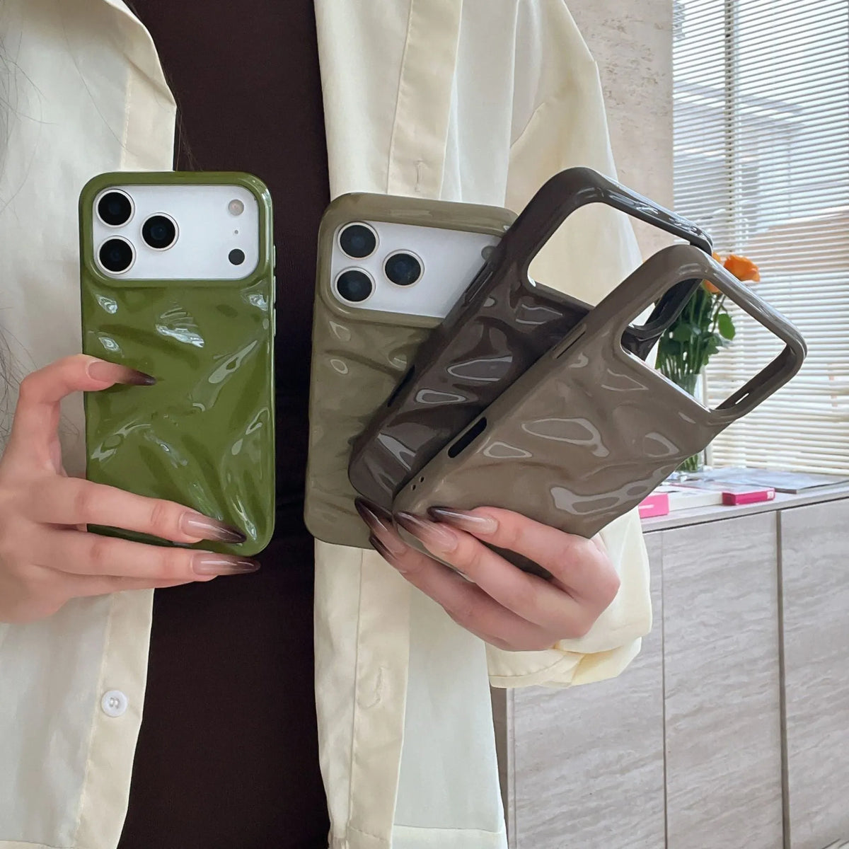 Three-dimensional pleated pattern TPU phone case in QF pleated green for iPhone 15 Pro