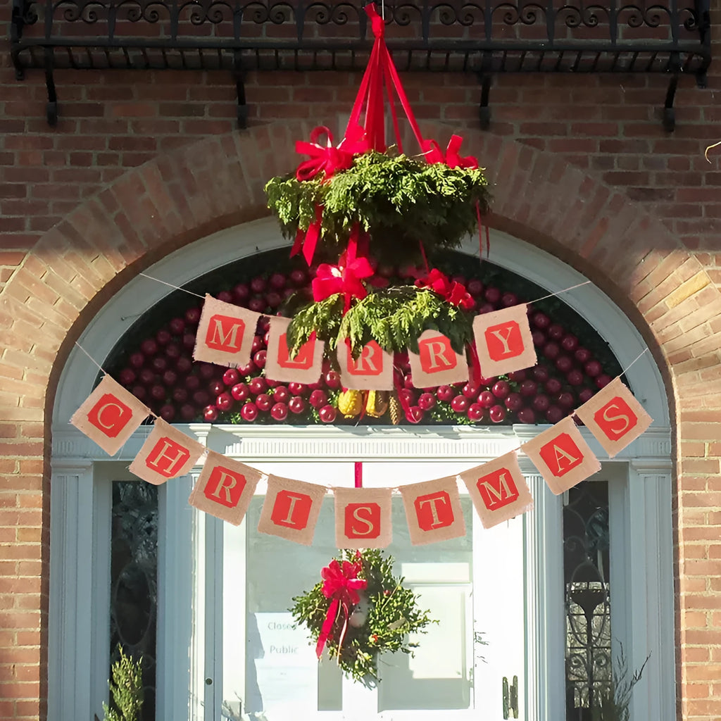 Brown and red burlap Christmas banner with 14 fabric flags on natural string