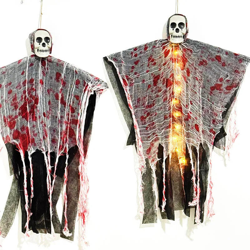 Plastic Halloween decoration of a luminous blood-dyed skull designed as a hanging ghost ornament.
