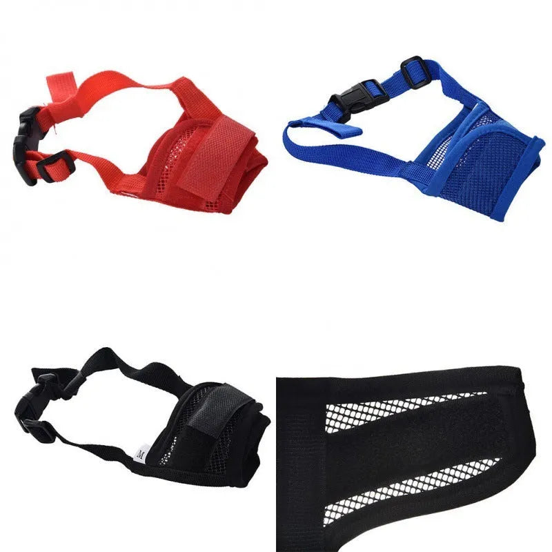 Adjustable plastic dog muzzle for biting and barking control, shown in multiple colour options.