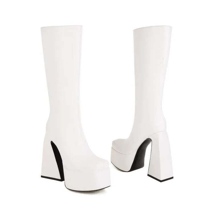 Women's black casual high boots with a PU upper, shown from the side.