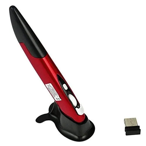 Wireless optical pen mouse in blue, red, and gray with ergonomic pen shape and 2.4 GHz USB receiver