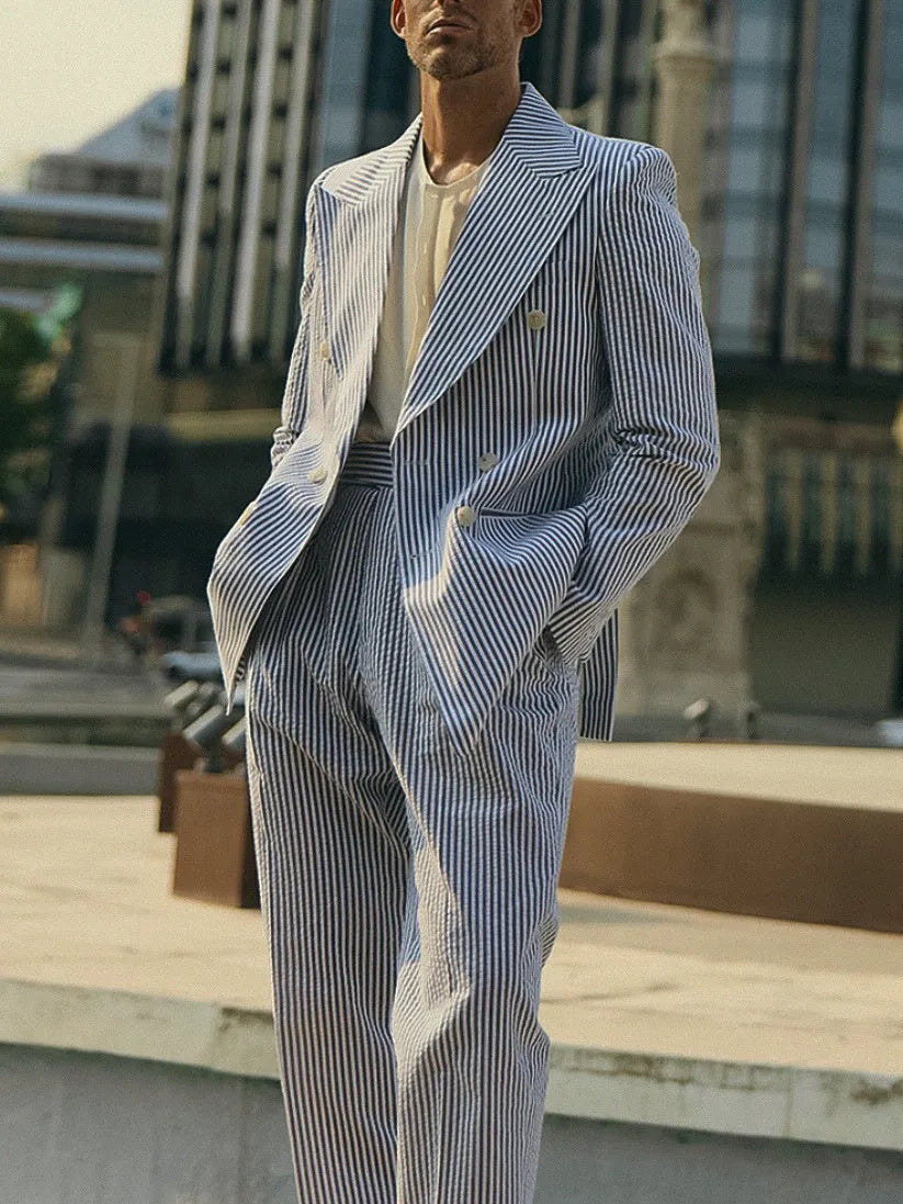 Men's blue and white striped polyester suit set with regular-fit blazer and trousers
