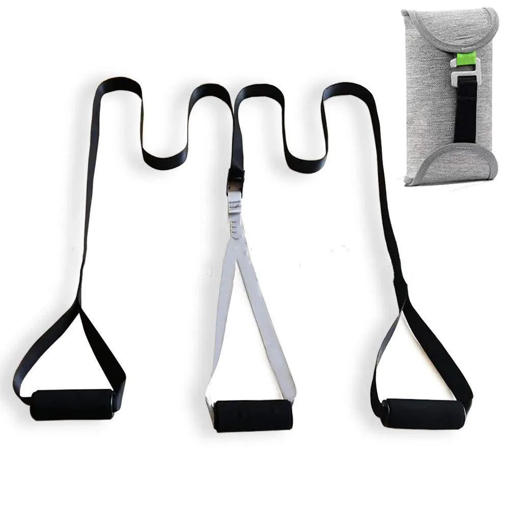 Black suspension training belt resistance band with nylon webbing strap and metal climbing hook