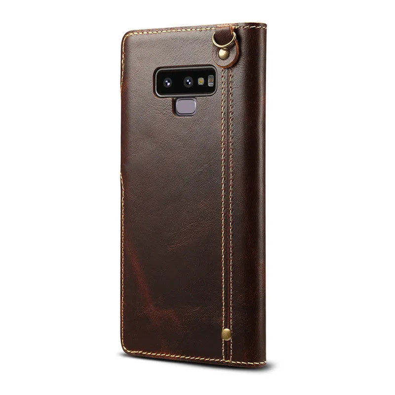Handmade vintage leather clamshell phone case for Samsung Note9 with bracket and card slots