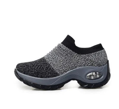 Dancing soft bottom flying woven rocking shoes in black camouflage colour with mesh upper and front strap