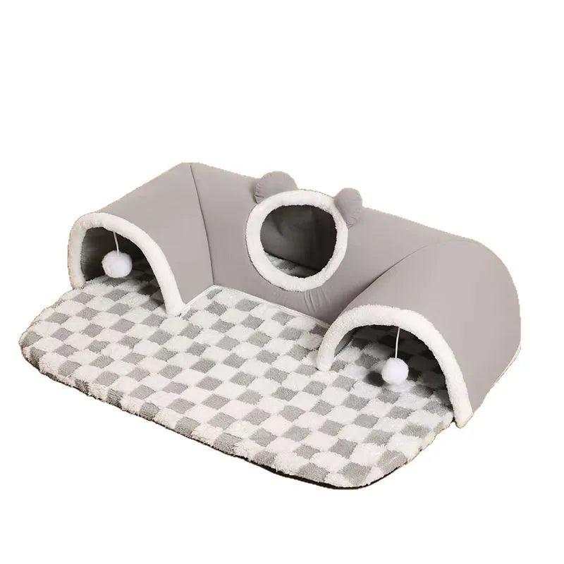 Grey plaid crystal fleece cat tunnel bed with two hanging balls, curved tunnel door, and slip-resistant bottom, for indoor use