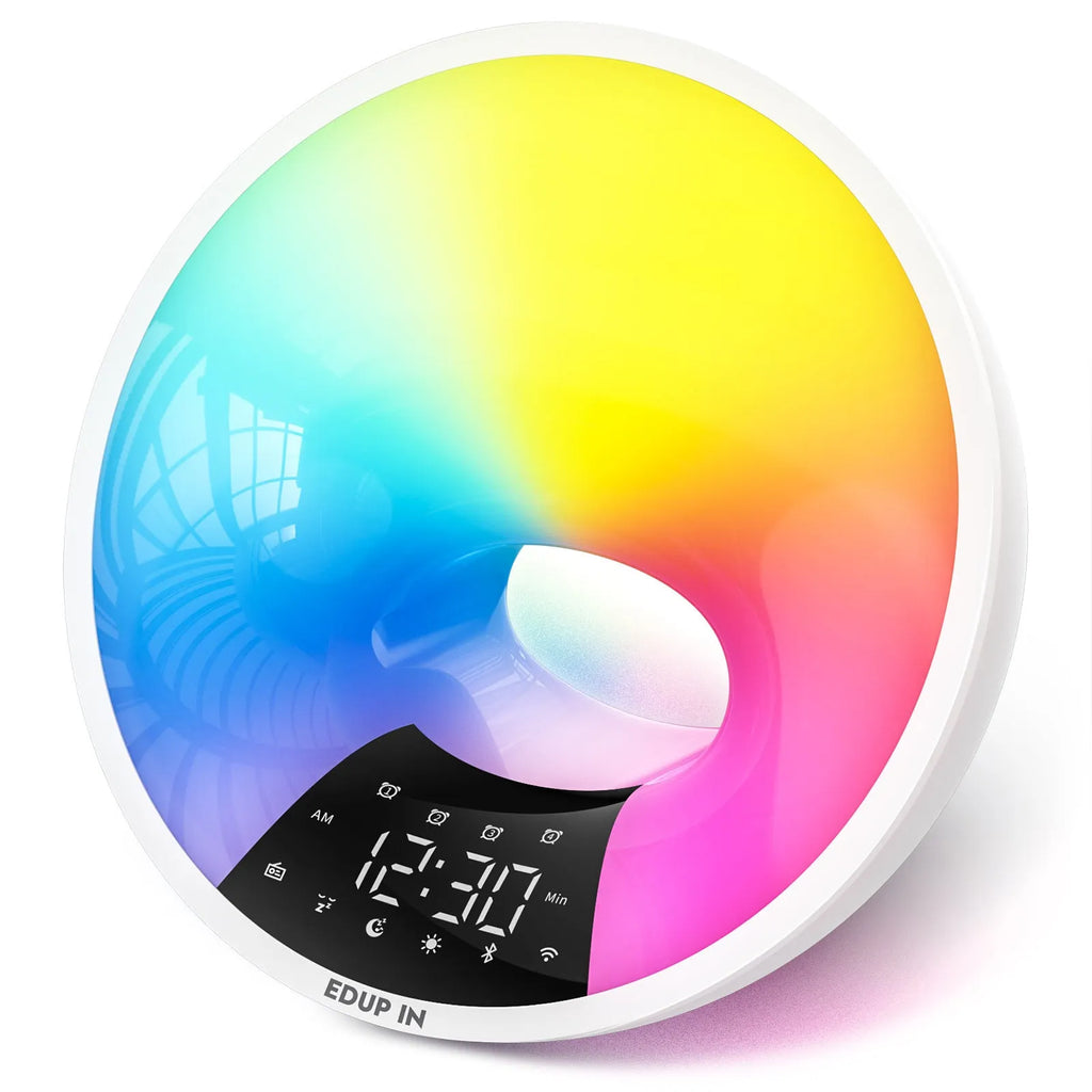 White WiFi sunrise alarm clock with dual alarm and FM radio on bedside table