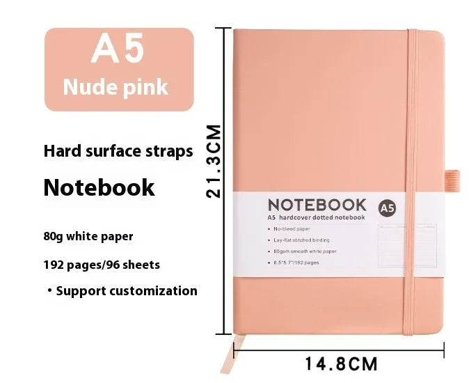 A5 size notebook with soft skin-feel PU leather cover and strap closure, open to show horizontal lined pages.