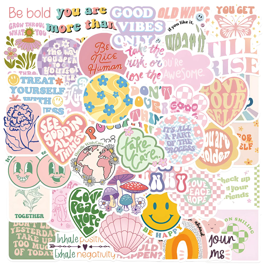 Danish pink motivational statement stickers with graffiti cartoon designs sized 4-6cm
