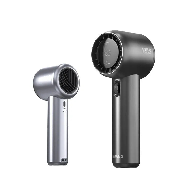 Mini handheld portable fan in Diamond White with knob control and USB data cable for outdoor charging