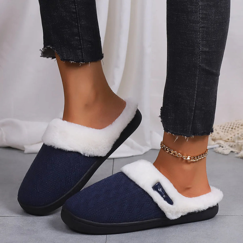 Winter cotton slippers with non-slip rubber sole, round toe, flat heel, in navy blue colour