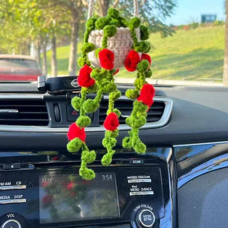 Green and white knitted car plant ornament with 8cm basin base and hanging rope for vehicle interiors
