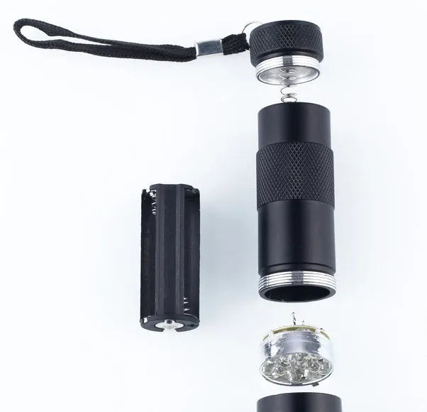 Black UV flashlight for detecting counterfeit currency and verifying documents with LED purple light