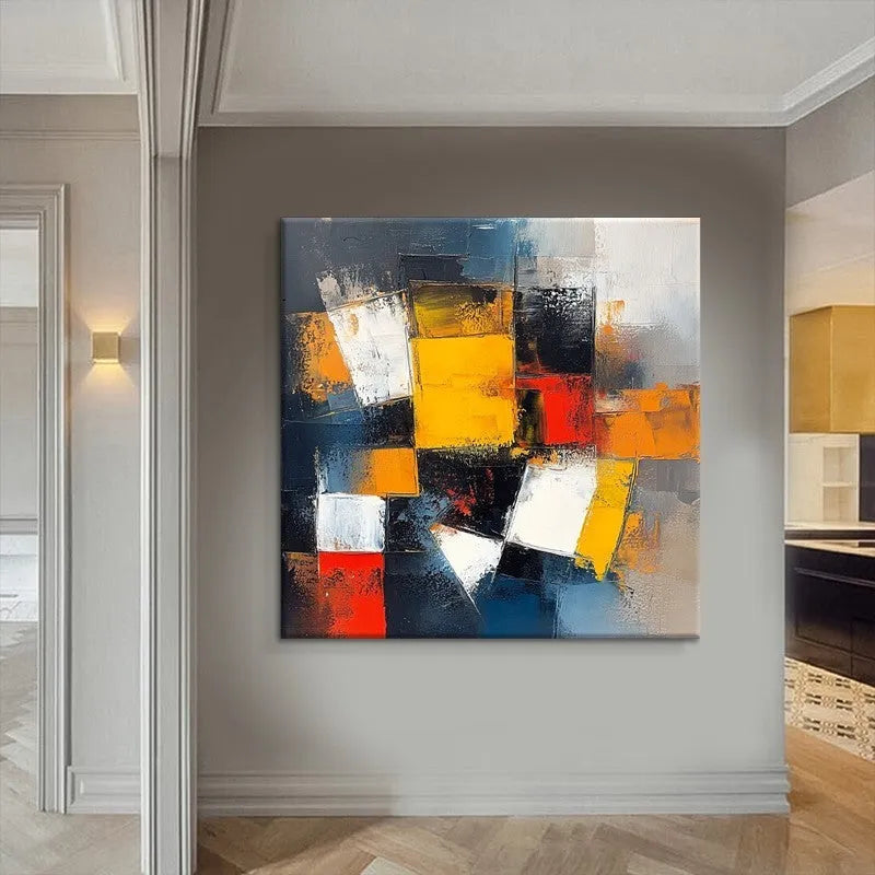 Hand-painted abstract oil painting on canvas, square unframed one-panel wall art in six sizes and two colours