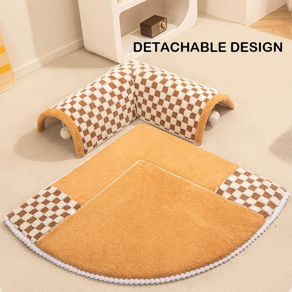 Fan-shaped plush pet bed for dogs and cats with a central tunnel, shown in a yellow colour.