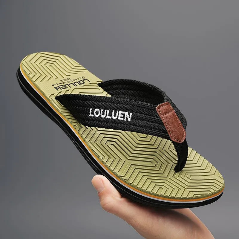 Men's black flip flops with an EVA upper and textured non-slip PVC sole.