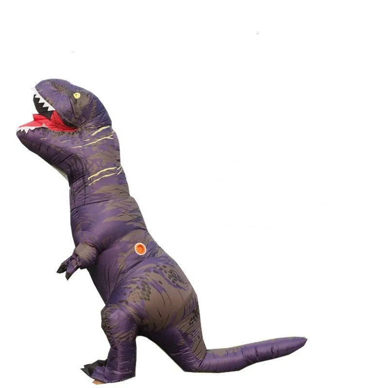 Official Jurassic World inflatable Tyrannosaurus Rex costume in green with gloves, shoe covers, and battery-powered fan unit