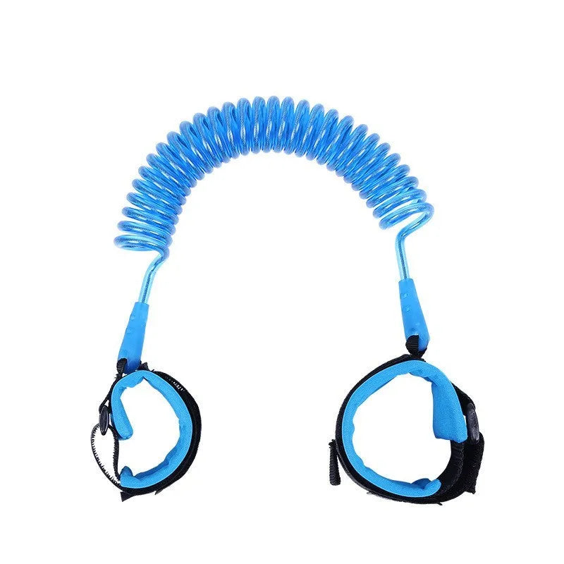Child safety wristband anti-lost strap with 2.5m special PU spring rope, 360 degree rotary head and breathable sponge lining.