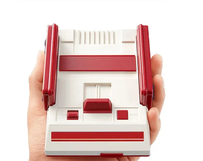 Mini FC game console in red and white with wired controllers and AV cable for TV play