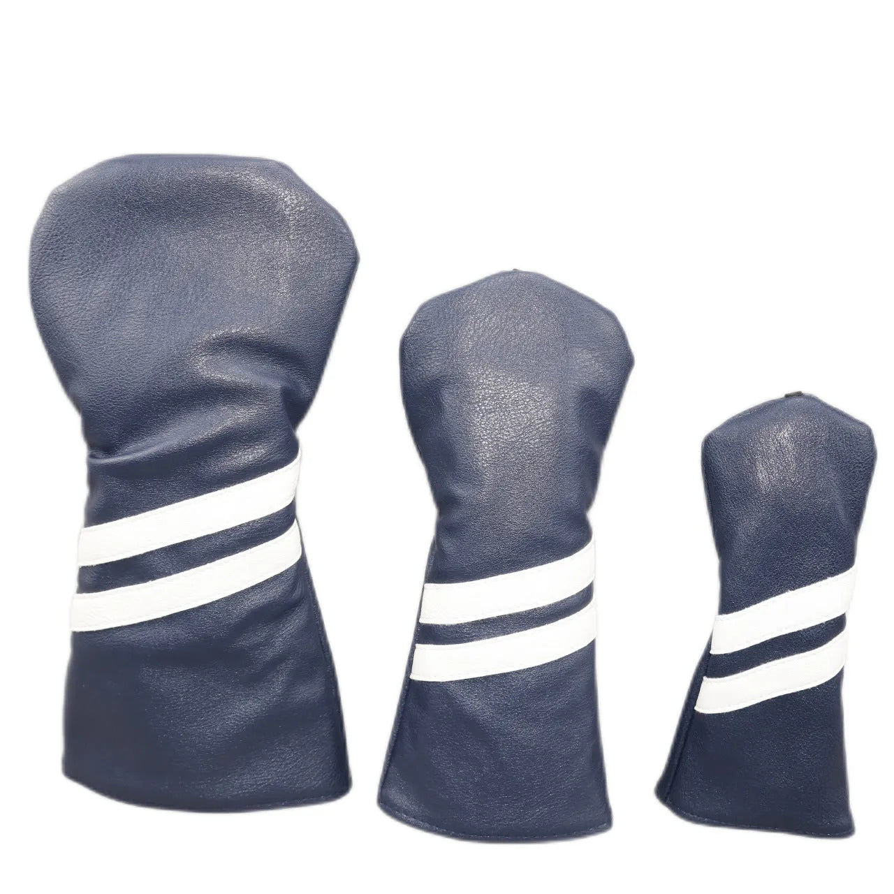 A blue golf club head cover with two white diagonal stripes, shown next to a golf wood.