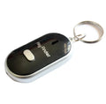 Small ABS key finder device on a keychain, available in black, blue, red, and white colours, with whistle activation