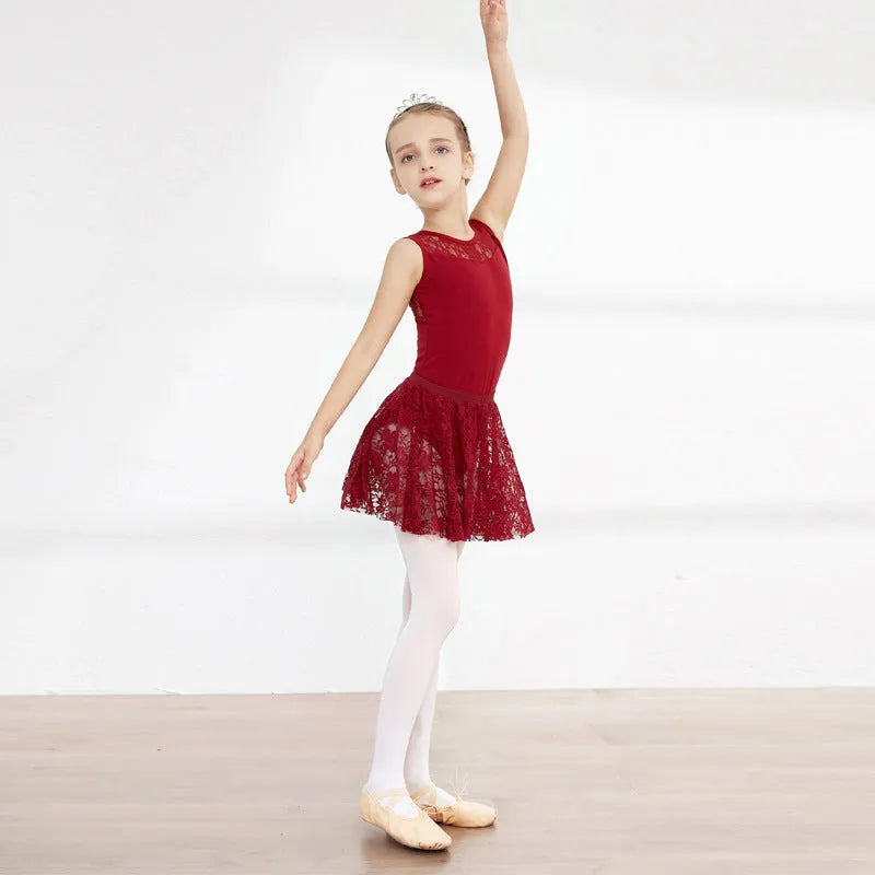 Girls ballet dancewear short sleeve Lycra cotton practice outfit with lace mesh in black pink or wine red
