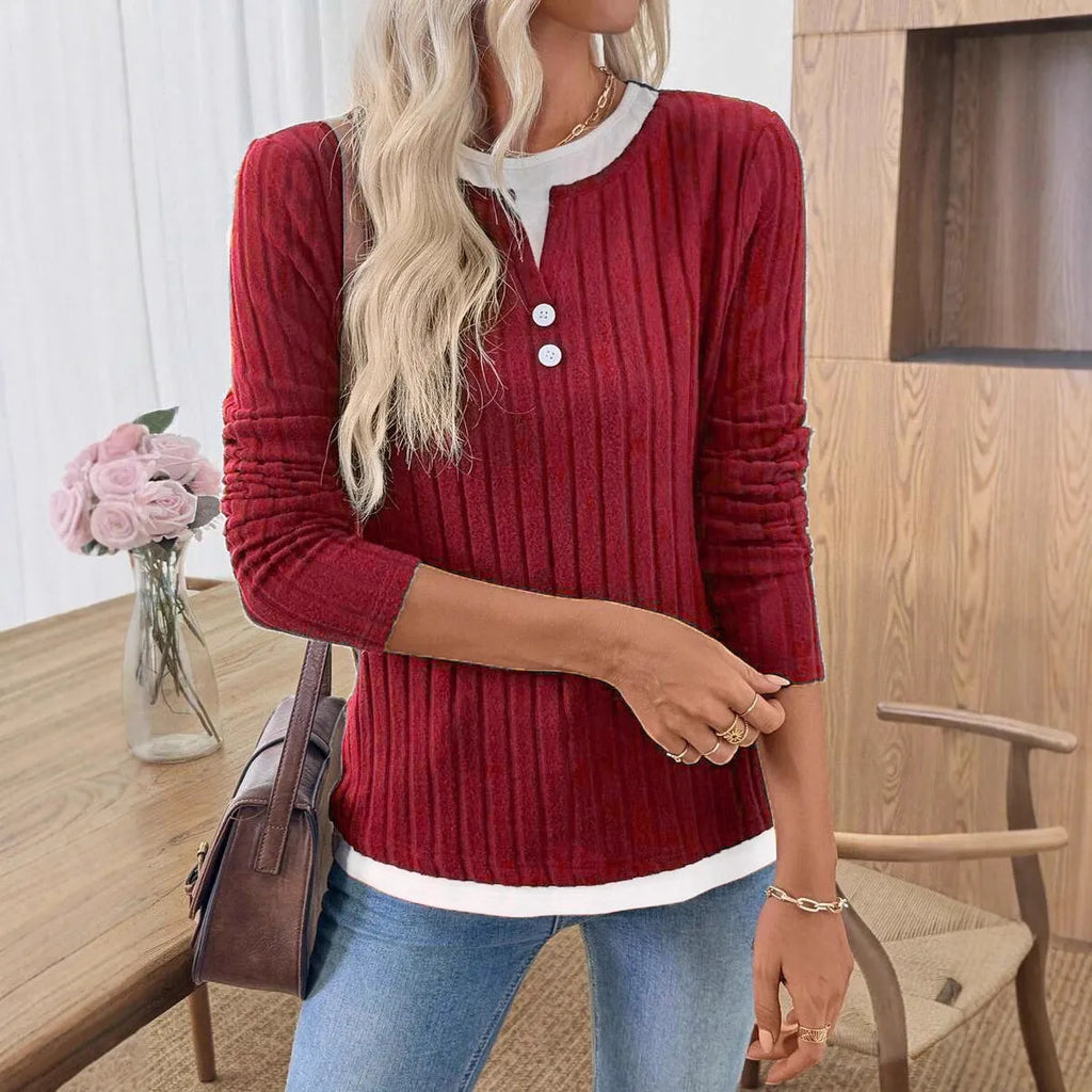 Women's two-piece style pullover sweater in concave stripe polyester with round neck button detail