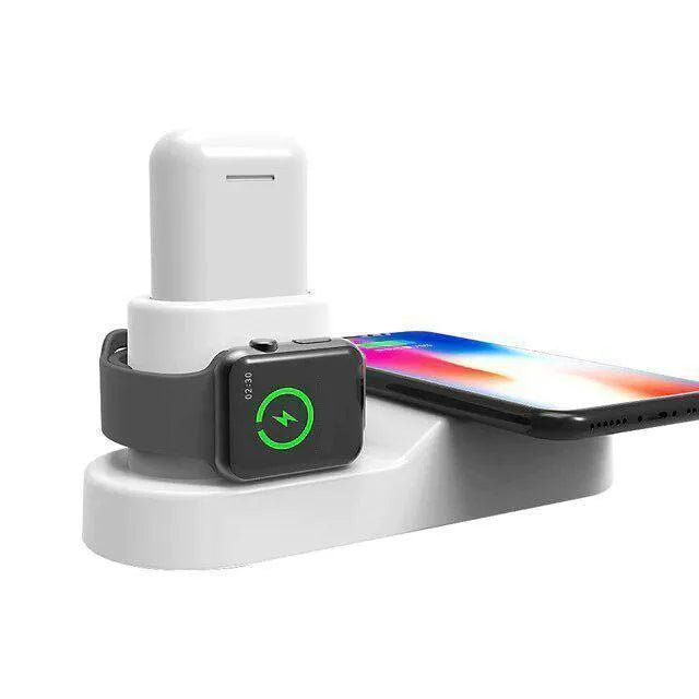 Black and white W3 3-in-1 wireless charging station for iPhone, Apple Watch and AirPods with rotatable dock.