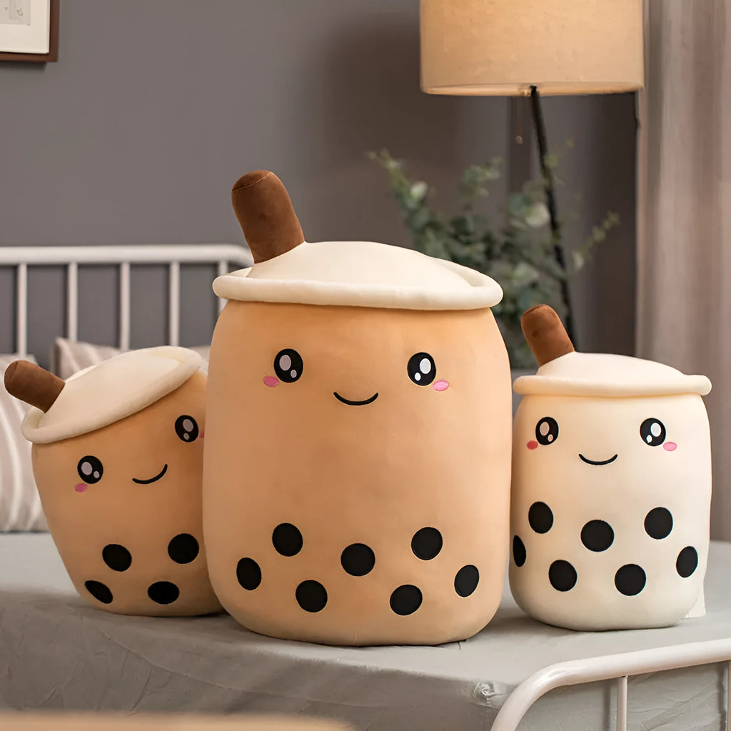Brown boba milk tea plush toy pillow with fruit design in 40cm size