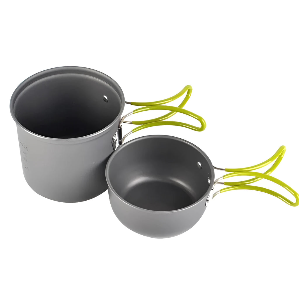 Green aluminium camping cookware set DS-101 with 1.2L pot and 0.62L cover on mesh bag