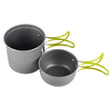 Green aluminium camping cookware set DS-101 with 1.2L pot and 0.62L cover on mesh bag