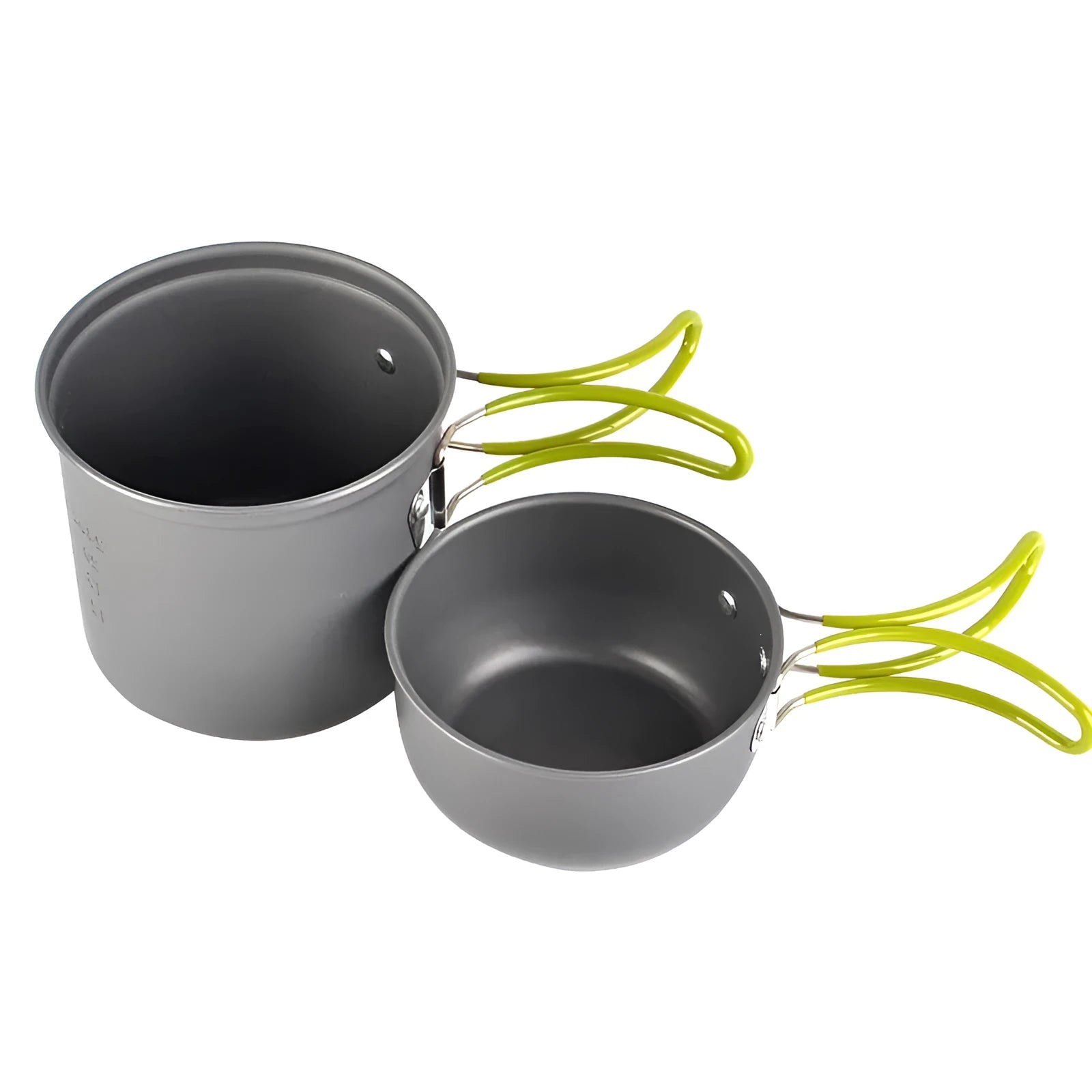 Green aluminium camping cookware set DS-101 with 1.2L pot and 0.62L cover on mesh bag