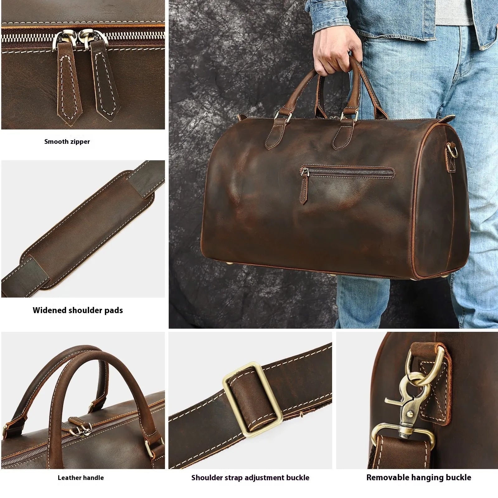 Men's vintage leather crossbody bag in first layer cowhide with dimensions 48.3cm x 25cm x 29cm